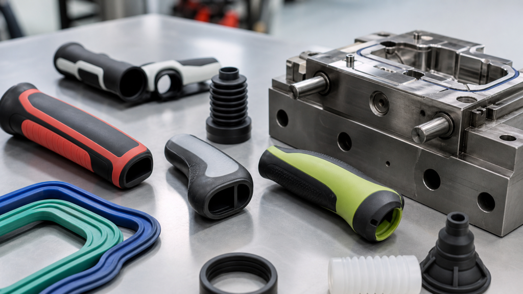 TPE overmolded soft grips seals and two shot molded handles beside an injection mold insert