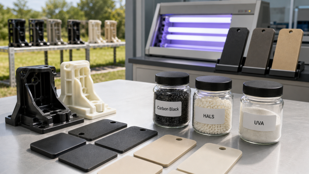 UV安定化処理を施したナイロン製屋外用部品（カーボンブラック、HALS、UVA添加剤配合）のサンプルと、その横に設置されたUV耐候性試験装置