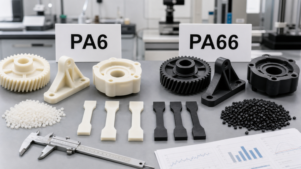 ナイロン材料選定のためのPA6およびPA66製射出成形ギア、ブラケット、引張試験用バー、樹脂ペレット、およびキャリパー