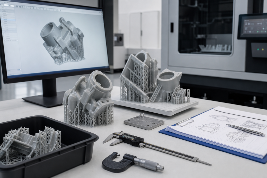 完成したプラスチック部品と設計レビューツールを備えた、デジタルライトシンセシス方式の3Dプリンティング環境