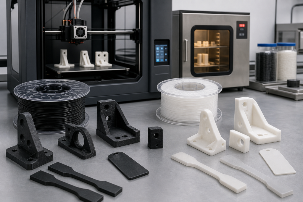 PC-ABS and polycarbonate 3D printed parts with enclosed printer, dried filament and test samples