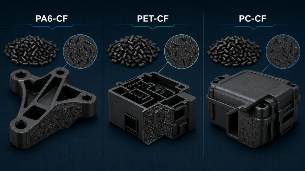 PA6-CFとPET-CFとPC-CF:硬い3Dプリント用フィラメントの究極の選択ガイド PA6-CF vs PET-CF vs PC-CF carbon fiber composite materials and molded parts