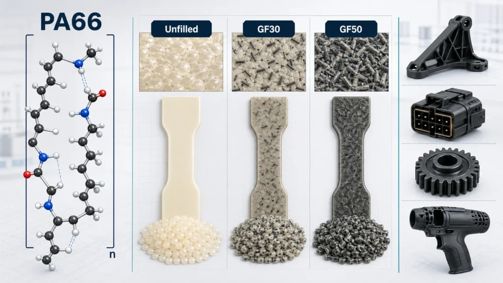 PA66 molecular structure with unfilled PA66, GF30 and GF50 materials and typical applications